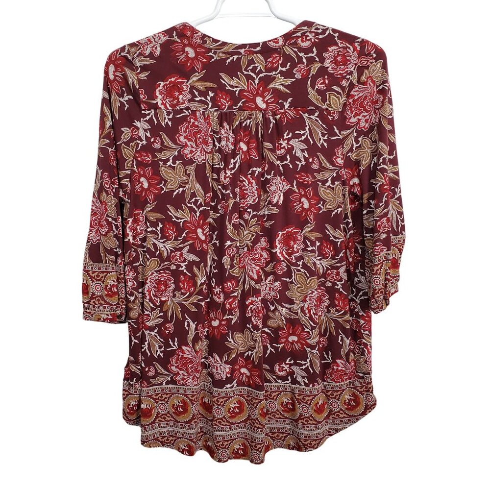 Lucky Brand Womens 1X Blouse Popover Burgundy Paisley Boho Tunic Top 3/4 Sleeve - Picture 3 of 11